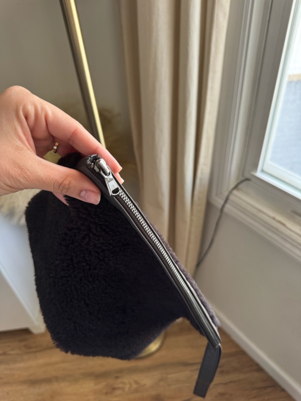 VIAVENETO Delilah Curly Lambskin Shearling Large Pouch / Wristlet - Black - Picture 4 of 8